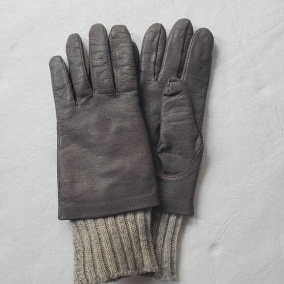 Banana Republic Leather Ribbed Knit Cuffs Gray Gloves - Picture 1 of 11